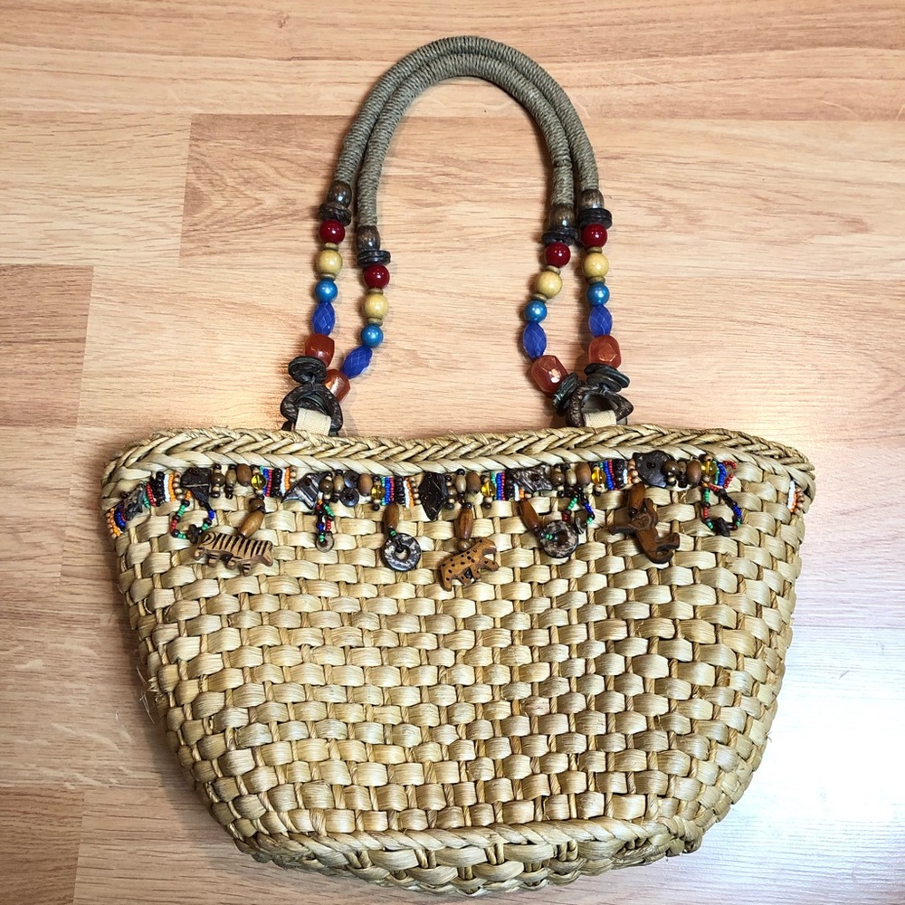 CAPPELLI Straworld bucket purse bag straw with wooden animal carvings